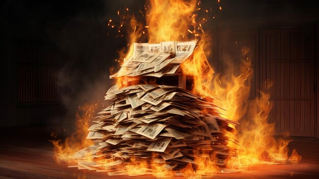 Uma casa em chamas de pilhas de dinheiro