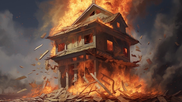 Uma casa em chamas de pilhas de dinheiro
