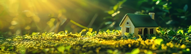 Uma casa em miniatura com um telhado verde brilhando na luz solar natural em um prado