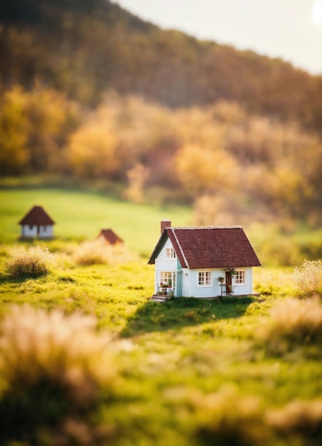 uma casa em um campo com casas no fundo