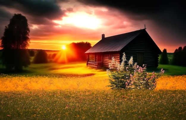 Uma casa em um campo de flores com o sol se pondo atrás dela