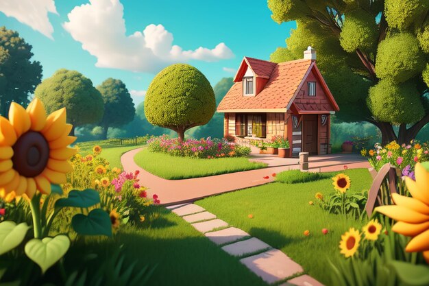 Uma casa em um campo de flores com um caminho que leva a ela