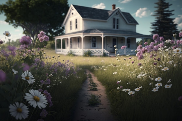 Uma casa em um campo de flores com uma casa ao fundo.