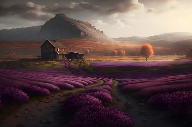 Uma casa em um campo de lavanda