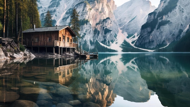 Uma casa em um lago com montanhas ao fundo