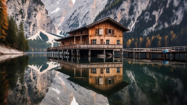Uma casa em um lago com montanhas ao fundo