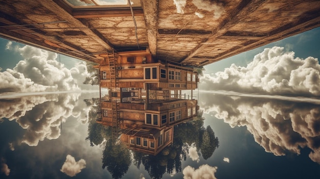 Uma casa em um lago com nuvens ao fundo