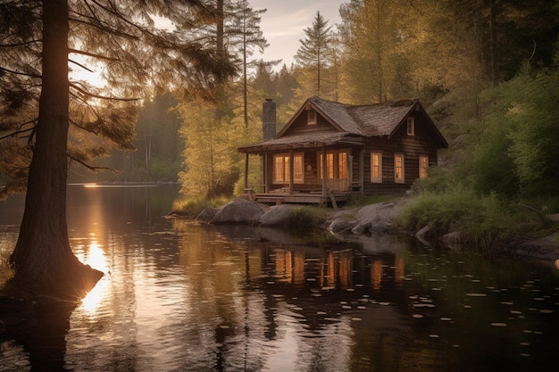 Uma casa em um lago com um barco em primeiro plano