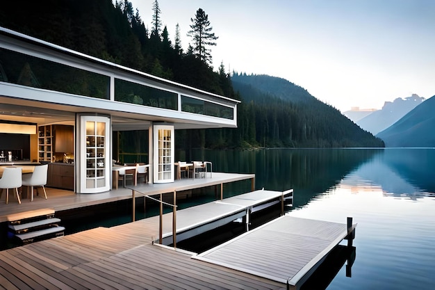 Foto uma casa em um lago com um cais e um cais com vista para a montanha.