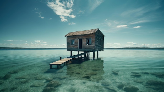 Uma casa em um lago com um céu azul ao fundo