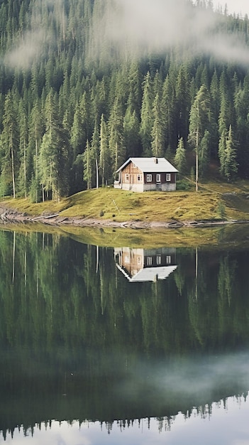 Uma casa em um lago com uma floresta ao fundo.