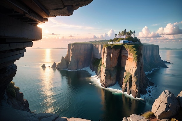 Uma casa em um penhasco com vista para o oceano