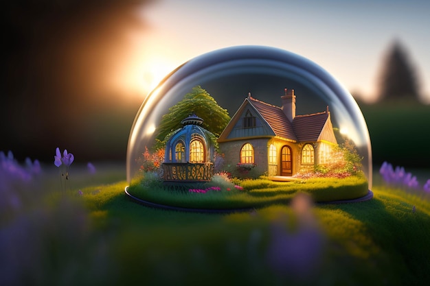 Uma casa em uma bolha com uma árvore ao fundo