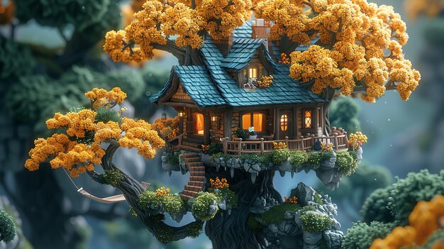 uma casa em uma casa de árvore com uma casa de Árvore no topo