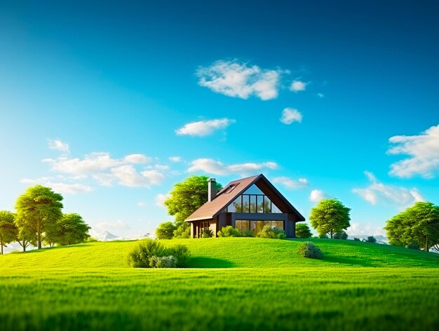 uma casa em uma colina com um fundo de céu