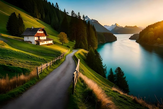 Uma casa em uma colina com um lago ao fundo