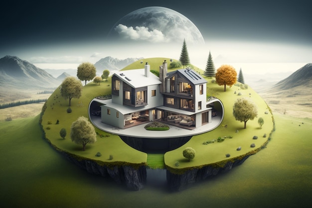 Uma casa em uma colina com uma lua cheia ao fundo