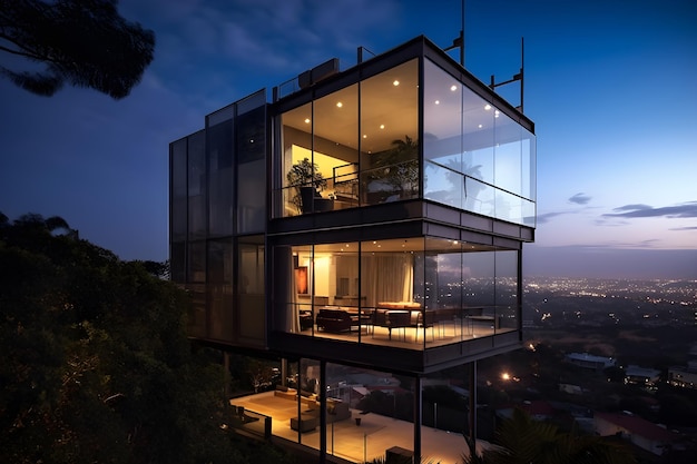 Uma casa em uma colina com vista para a cidade à noite