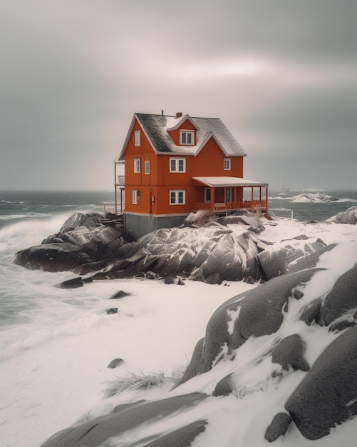 Uma casa em uma costa rochosa com neve no telhado