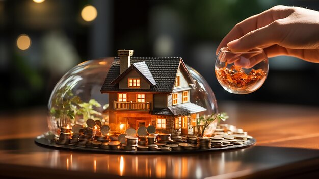 Uma casa em uma cúpula de vidro Savings Goal House Glass Piggy Bank With Coin And Model Home In The Background