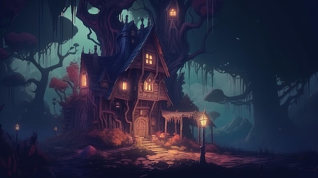 Uma casa em uma floresta escura com uma árvore ao fundo