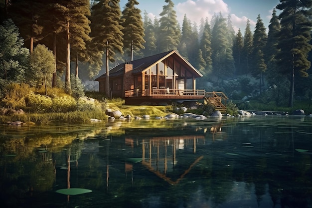 Uma casa em uma floresta na margem de um lago Gerador de IA