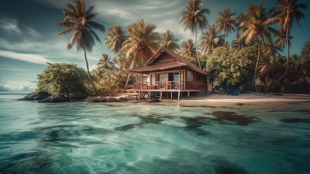 Uma casa em uma ilha tropical com uma praia ao fundo