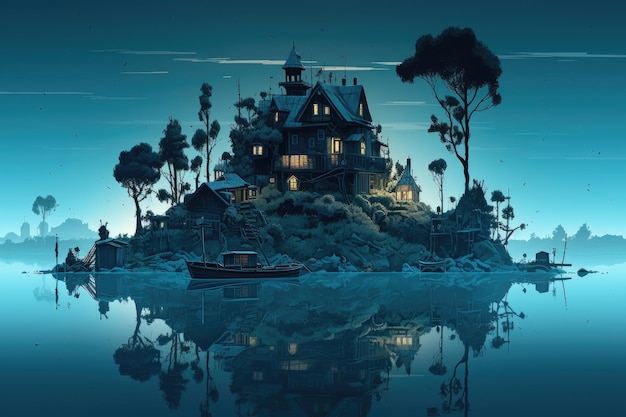 Uma casa em uma pequena ilha com um barco na água