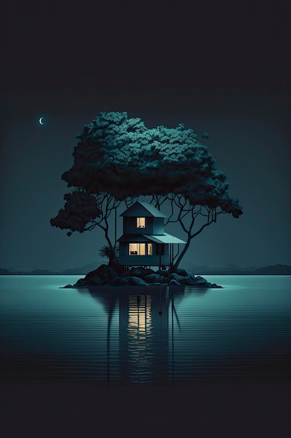 Uma casa em uma pequena ilha com uma noite de luar.