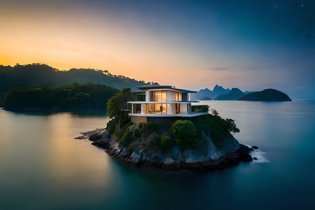 Uma casa em uma rocha com vista para o mar ao pôr do sol