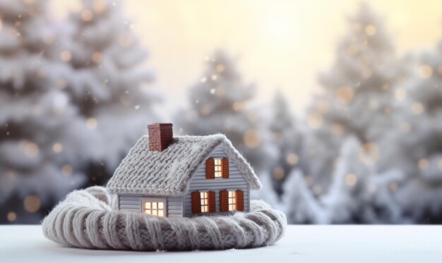 Uma casa embrulhada com um cachecol de malha, aquecimento de inverno e conceito de energia