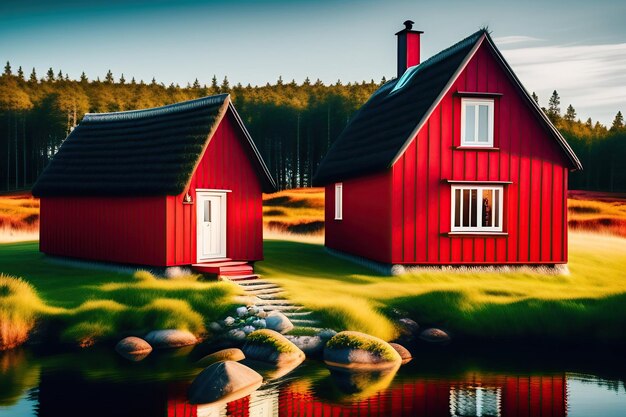 Uma casa escandinava vermelha com um lago ao fundo