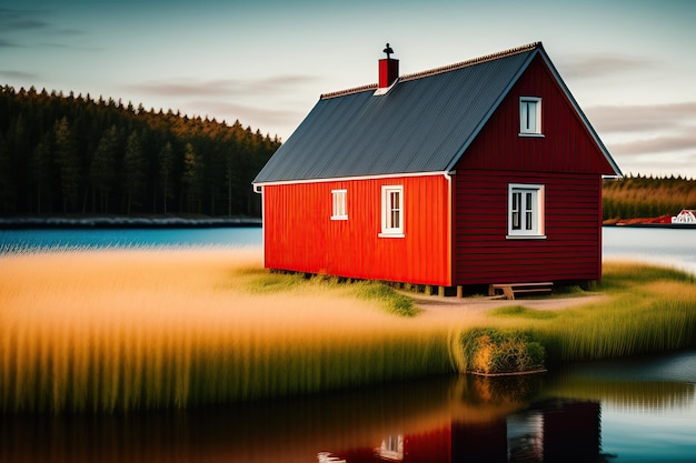 Uma casa escandinava vermelha perto da água com um lago ao fundo