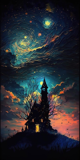 Uma casa escura e mal-assombrada, misteriosa e melancólica com estrelas. nuvens coloridas