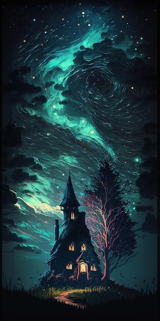 Uma casa escura e mal-assombrada, misteriosa e melancólica com estrelas. nuvens coloridas