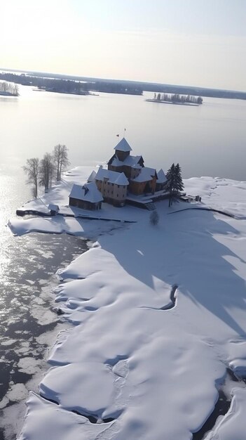 uma casa está cercada de neve e a água está coberta de neve