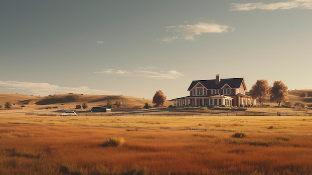 Uma casa estilo rancho cercada por terras agrícolas e campos abertos