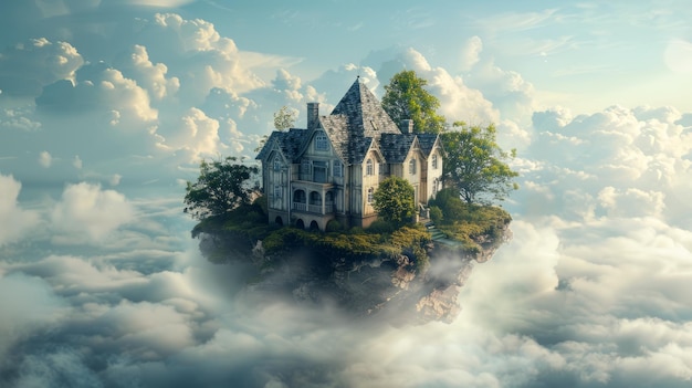 Uma casa flutuando nas nuvens