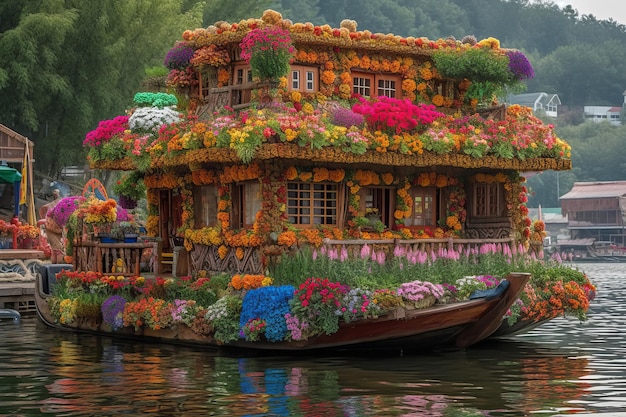 Uma casa flutuante com flores é decorada com flores.