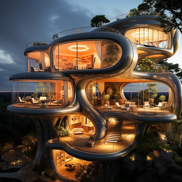 Uma casa futurista ao lado de um rio, uma casa de sonhos de arquitetura futura.