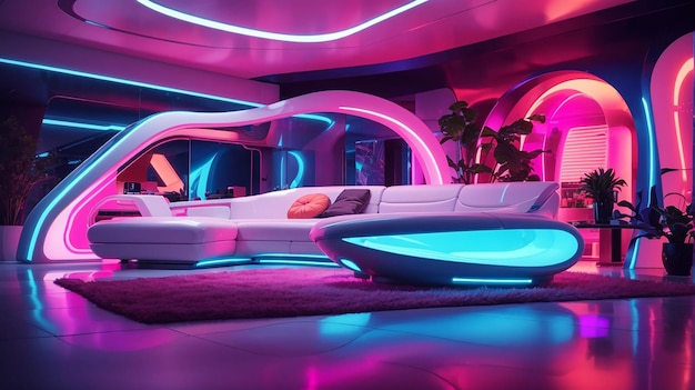 Uma casa futurista com interior vibrante iluminado por neon, móveis modernos e elegantes e arte abstrata