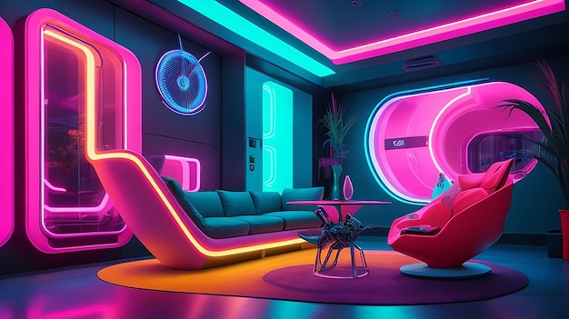 Uma casa futurista com interior vibrante iluminado por neon, móveis modernos e elegantes e arte abstrata