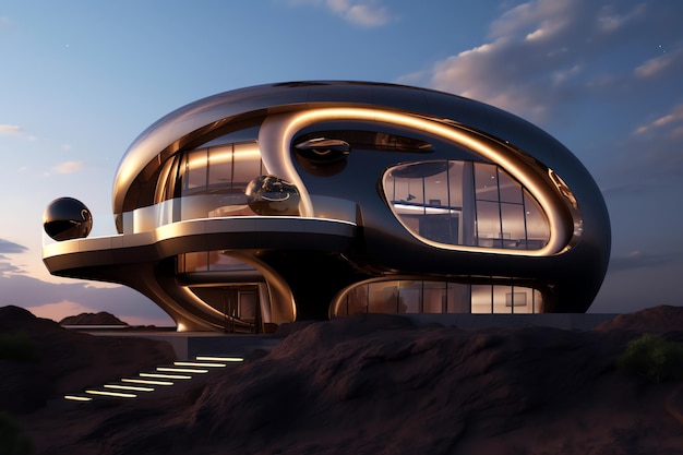 Uma casa futurista com telhado curvo e uma escada no topo.