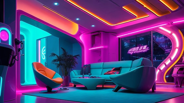 Foto uma casa futurista com um interior iluminado por néon vibrante com móveis modernos elegantes e arte abstrata