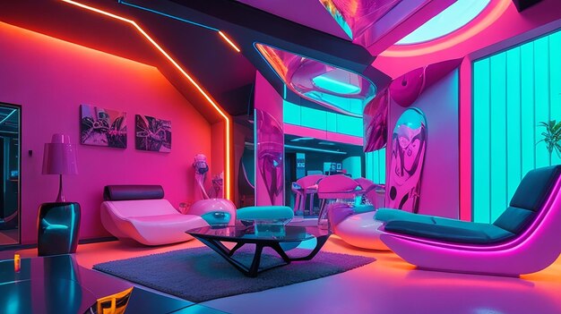 Foto uma casa futurista com um interior iluminado por néon vibrante com móveis modernos elegantes e arte abstrata