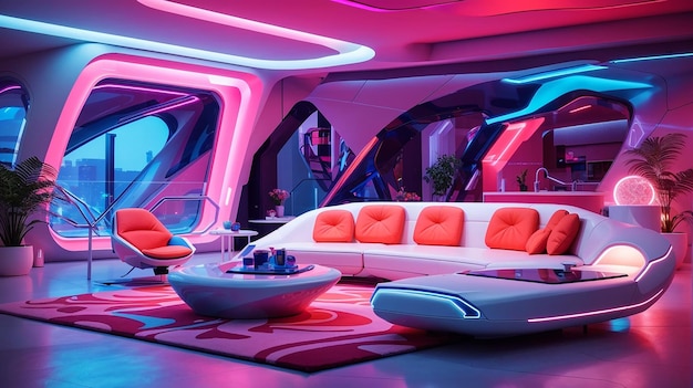 Foto uma casa futurista com um interior iluminado por néon vibrante com móveis modernos elegantes e arte abstrata