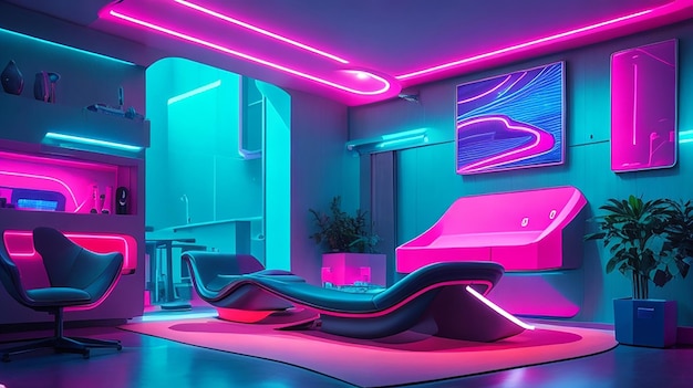 Uma casa futurista com um interior iluminado por néon vibrante com móveis modernos elegantes e arte abstrata