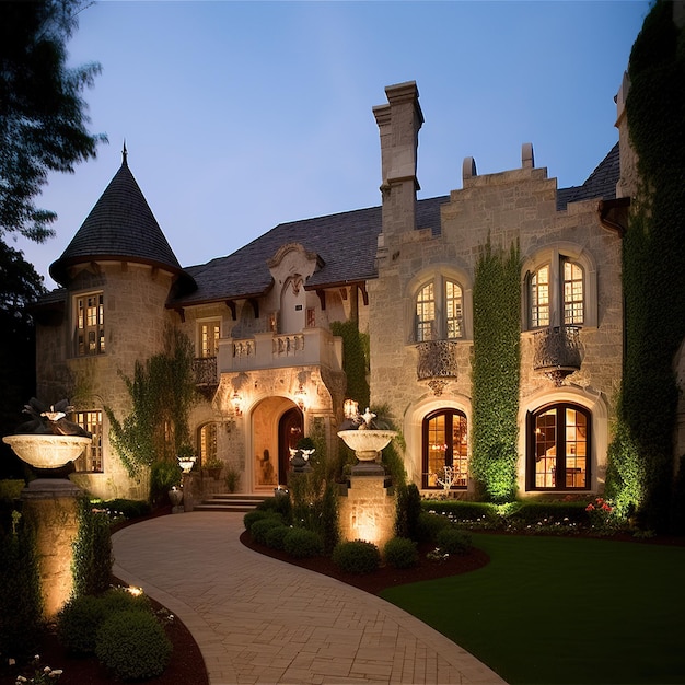 Uma casa grande com calçada de pedra e uma casa grande com uma grande janela com luzes acesas.