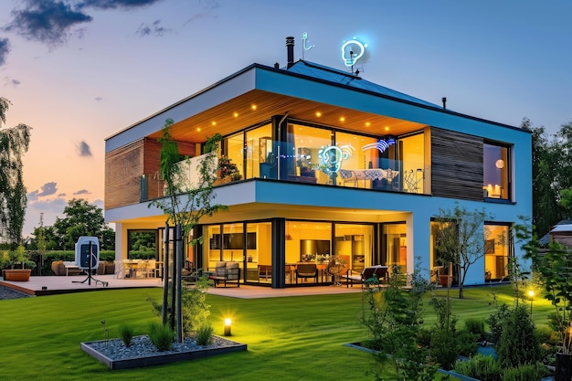 Uma casa grande com janelas abundantes Tecnologia de casa inteligente totalmente automatizada em uma casa moderna recém-construída Gerada por IA