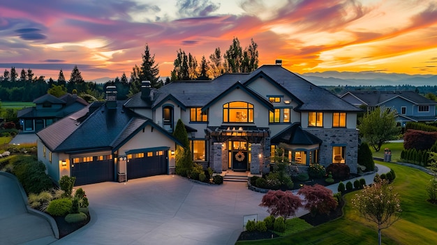 Foto uma casa grande com um belo pôr-do-sol ao fundo